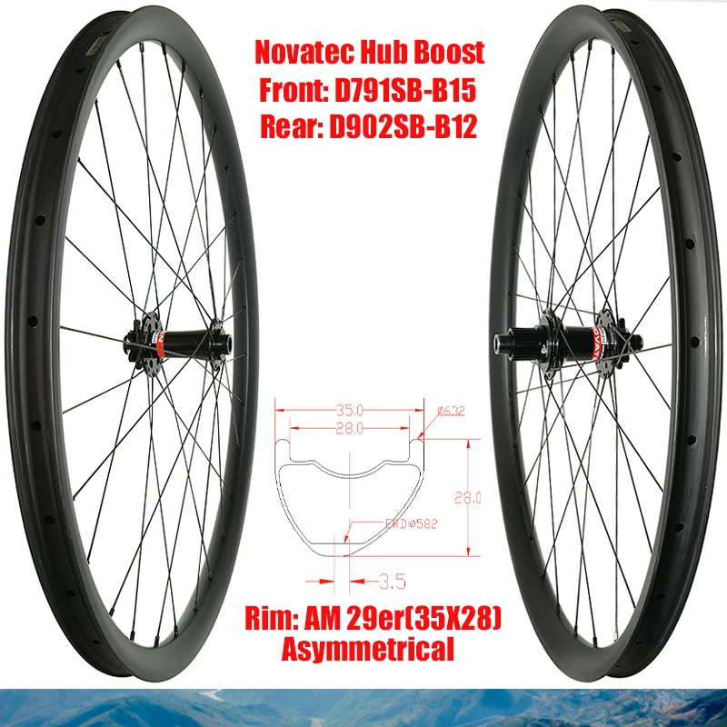 

29er MTB AM 35X28mm Wheelset Carbon Rim 35 wide 28 deep Novatec Hub Boost D791SB-B15 D902SB-B12 Microspline 12S TB2015 Spokes