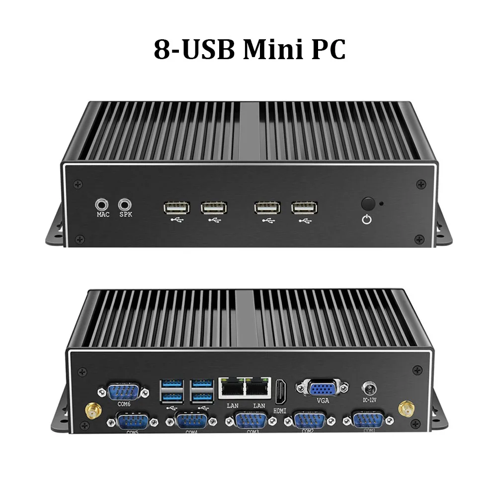 Безвентиляторный промышленный мини ПК двойной NIC LAN 6 * COM Core i7 5500U i5 4200U Celeron J1900