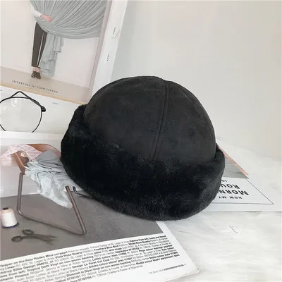 Black Рыбацкая шляпа, берет для мужчин и женщин, корейский стиль, уличная, повседневная, одноцветная, замша, свернутый плюш, толстая дыня, теплая, удобная - Цвет: Black