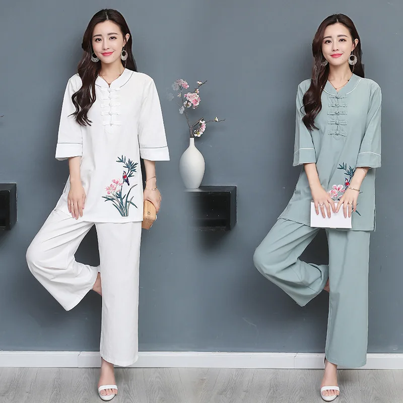

Photo Shoot New Style WOMEN'S Dress Cotton Linen Retro Embroidered Frog Stand Collar Leisure Suit