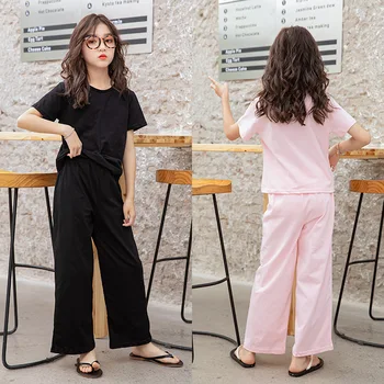 

Summer Teenage Girls Tracksuit Fashion Cotton Solid T Shirt+Wide Leg Pants Casual Children Sport Wear Outfit Suit Teen Clothing