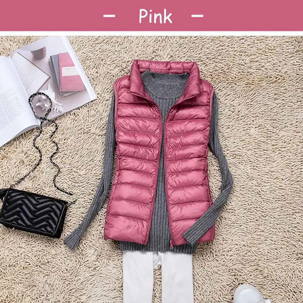 Pink 91% белый жилет на утином пуху, женский зимний ультра-светильник, красивый модный жилет, куртка без рукавов, осенняя тонкая короткая куртка, пальто - Цвет: Pink