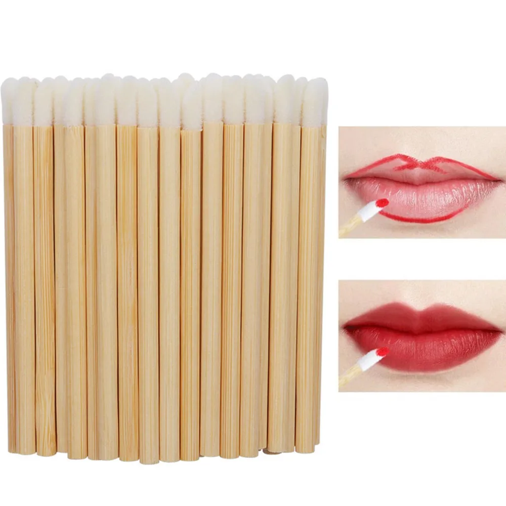 New 50pcs Disposable Bamboo Make Up Lip Brush Lipstick Gloss Wands
