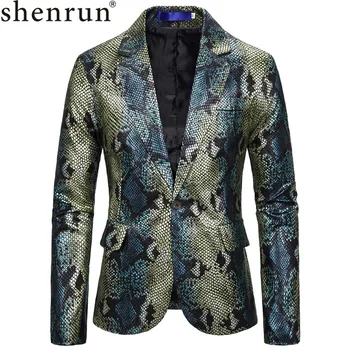 

Shenrun Men Blazer Causal Jacket Green Silver Suit Jackets King Fish Scale Print High Quality Stage Host Singer Musician Costume
