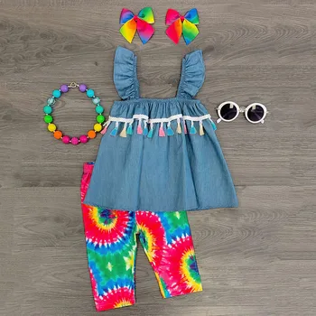 

TELOTUNY Children's clothing Toddler Baby Girls Cute Fly Sleeve Tassels Suspender Denim Tops+Rainbow Tie-Dyed Pants Outfits Jun2