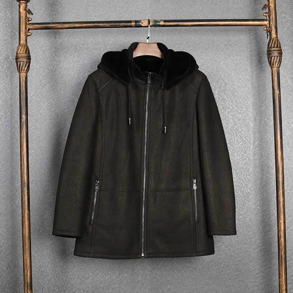 

Мужская длинная куртка из овчины, черного цвета, с капюшоном, оригинальная куртка-пилот, 2019