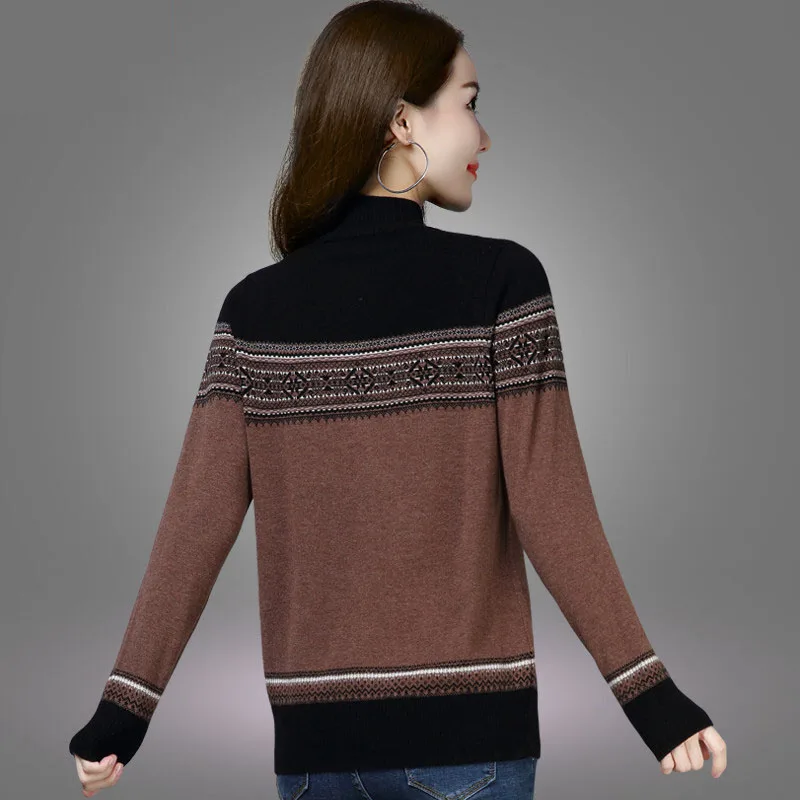 Женский Зимний пуловер с высоким воротом, Женский вязаный пуловер с длинным рукавом, теплый пуловер, джемпер, женский свитер в полоску