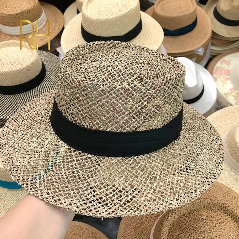 Travel Natural seagrass hollow flat brim hat ladies summer porkpie concave round sun hat beach straw with ribbon beach hat,women sun hat