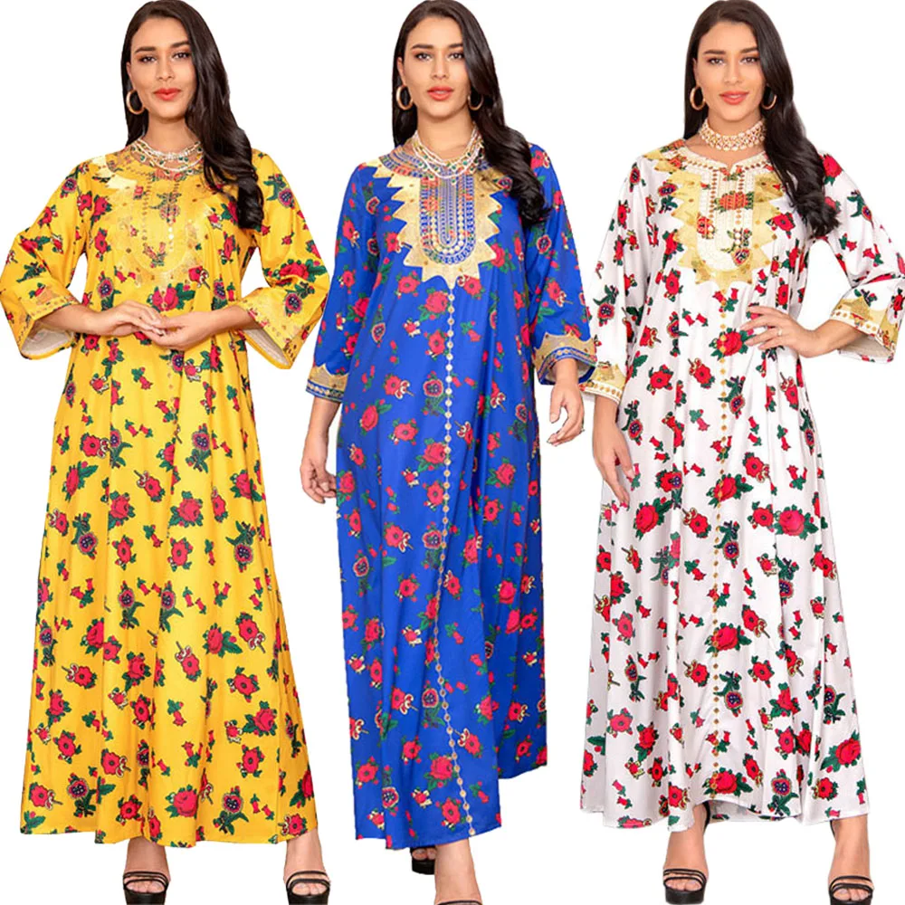 

Moroccan Muslim Abaya Floral Print Women Long Maxi Dress Turkey Arab Dubai Eid Party Femme Ramadan Kaftan Jalabiya Vestidos Gown