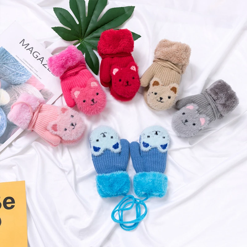 

1 Pair Baby Gloves Winter Plus Velvet Knitted Kids Mittens 2-6Yrs Full Finger with Rope Gloves Soft Keep Warm Children Mittens