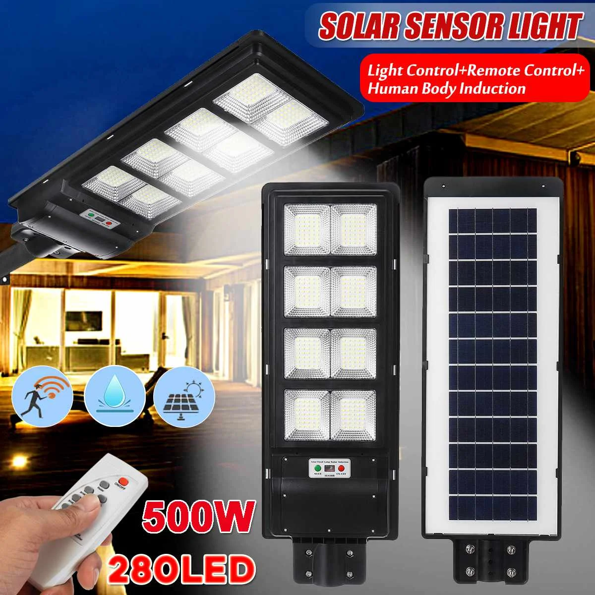 

Smuxi 500W 280LEDs Solar Street Light IP67 Waterproor 3 Modes PIR Motion Sensor LED Outdoor w/Remote Controller Light Control