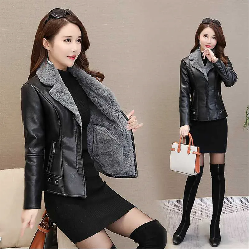 UHYTGF Winter leather jacket women Fashion plus velvet PU leather short coat Korean wild thick warm leather jacket women 3XL 208