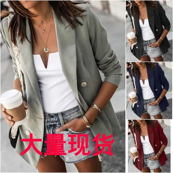 

2019 AliExpress Wish Amazon Autumn And Winter New Style Solid Color Long-sleeved Coat Button Small Suit Women's