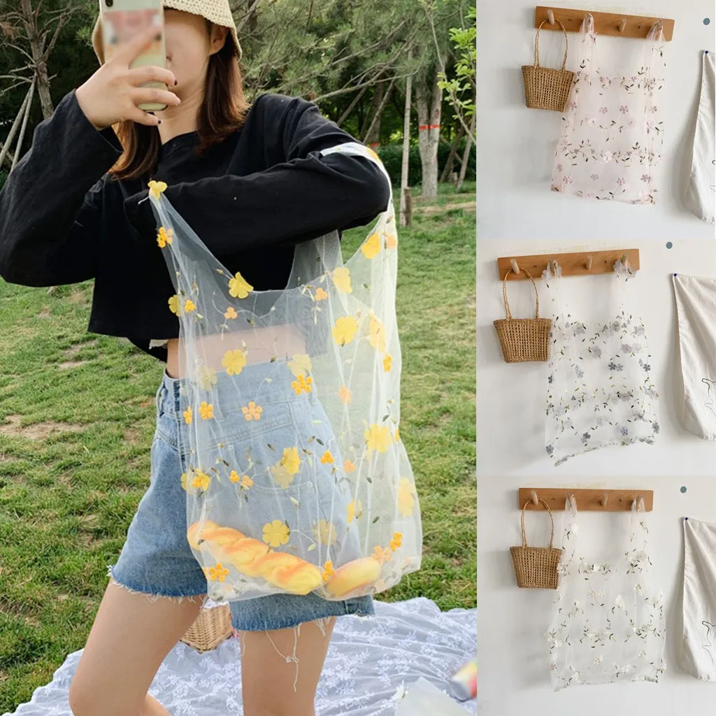 2020 Casual Tote Flower Embroidery Handbags for Women Transparent Mesh Shopper Bag Lady Hand Bags Bolsos Mujer Sac A Main Femme
