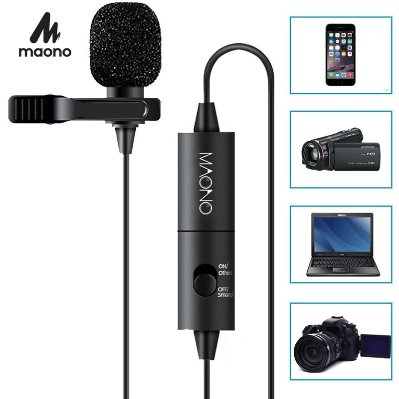 MAONO Lapel Microphone Clip on Lavalier Microphone 6M Handsfree Condenser Microphone Collar Mic for DSLR Camera PC Smartphone