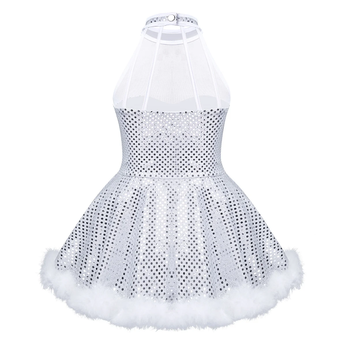 Girls Christmas Snowman Princess Cosplay Dress Costume Mesh Splice Caged Back Shiny Sequins Figure Twirling Party Dress