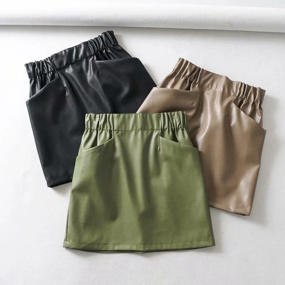 

2018 Autumn And Winter Elastic Waist Double Pocket Solid Color A- line Short Leather Skirt Skirt