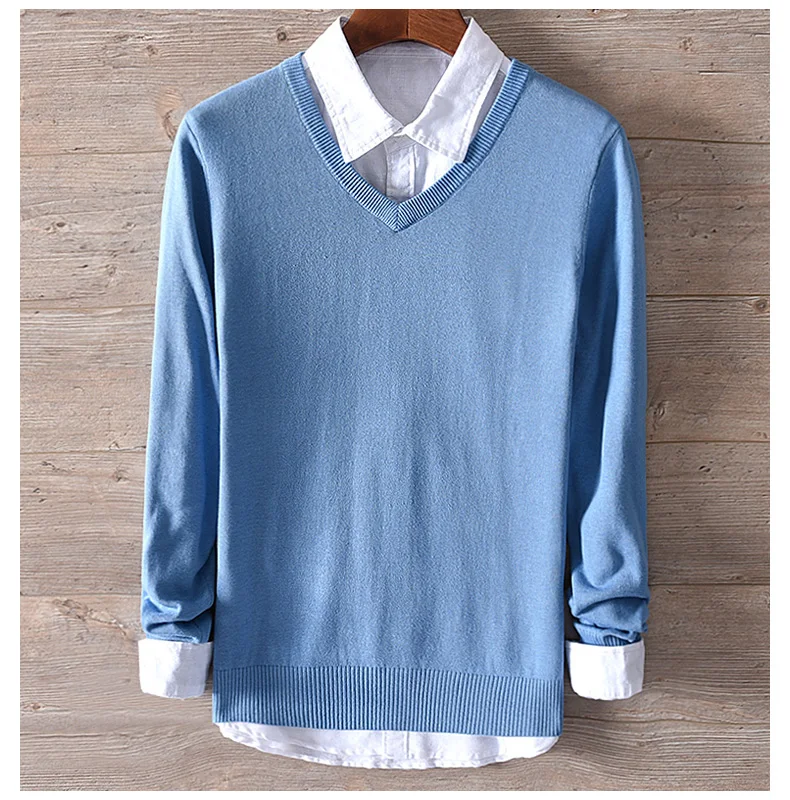 Men Spring Autumn Fashion Korea Style Solid Color Chicken Heart V-neck Cotton Sweater Male Casual Thin Pullover Knitted Sweaters