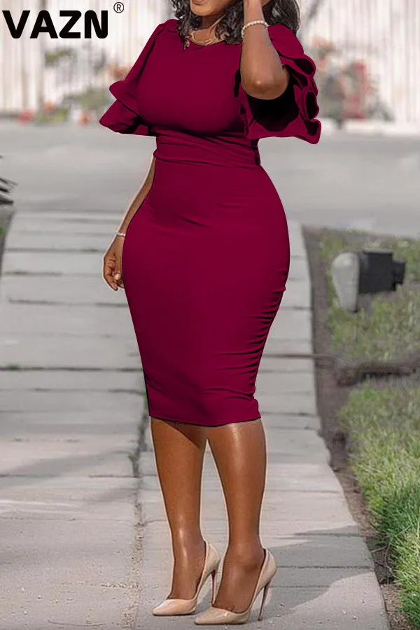VAZN AWE5064 New Latest Style Mature Age Plus Size Office Untidy Short Sleeve High Waist Elastic Women Pencil Thin Midi Dress