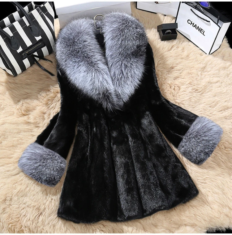 Tataria, высококачественное пальто из искусственного меха для женщин, воротник из лисьего меха, женская зимняя теплая длинная шуба, Женская Толстая Повседневная плюшевая куртка - Цвет: Black