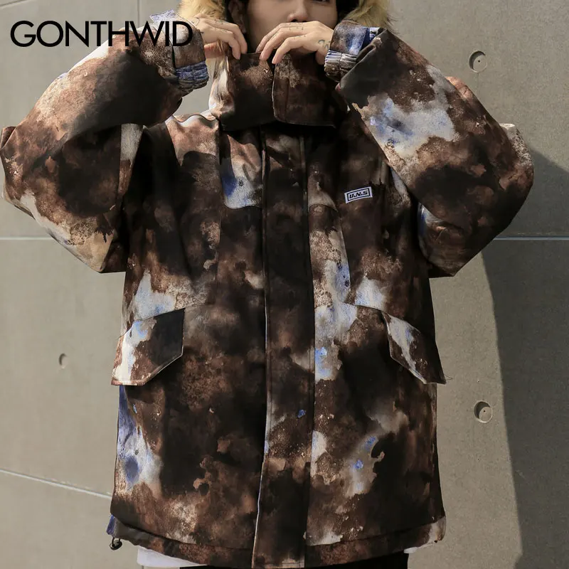 GONTHWID Galaxy Cotton Padded Removable Fur Hooded Parkas Coats Winter Fashion Thick Warm Parka Jackets Streetwear Hip Hop Tops