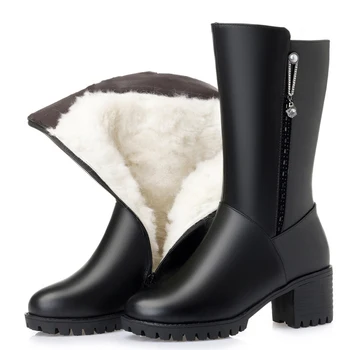 

Fujin Wool Women Snow Boots Knee High Warm Genuine Leather Fur Warm Shoes Plush Ankle Boots Platform Heel for Women Winter Boots