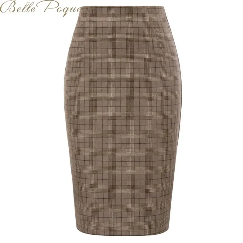 Belle Poque, повседневная облегающая клетчатая юбка-карандаш, для женщин, до колена, элегантные юбки, для женщин, s, для офиса, для работы, облегающая Осенняя юбка миди