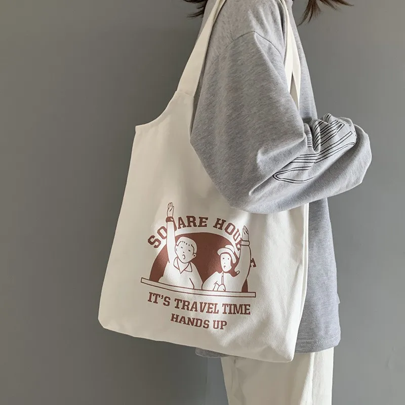 New Shopping Bags for Women Sweet Kawaii Printed Canvas Leisure Daily Shop High Quality Korean Style Grocery Bag