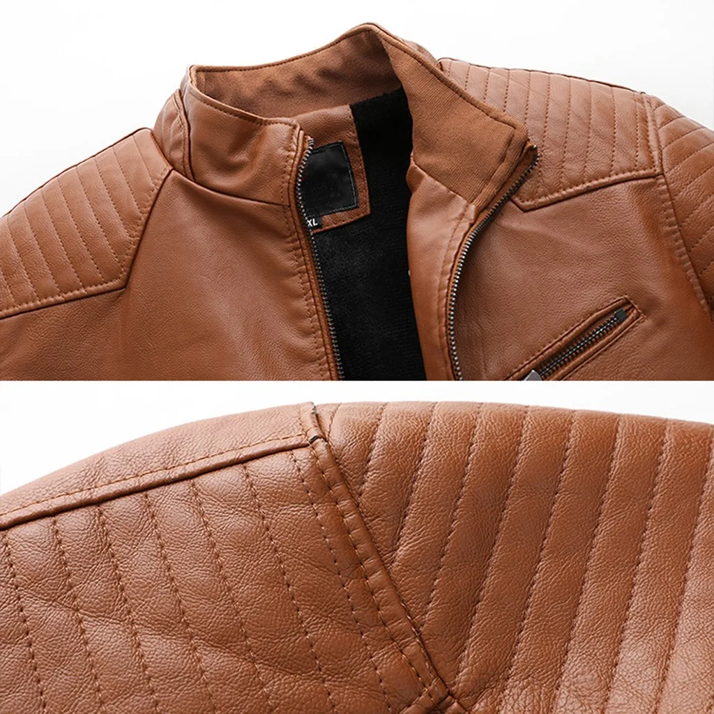Мужская кожаная куртка осень зима кожаная курка мужская jaqueta de couro masculino Байкерская мотоциклетная куртка на молнии с длинными рукавами#3