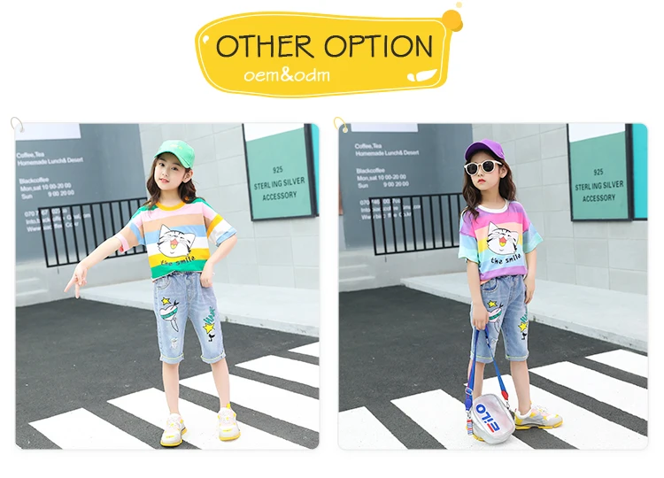 Girls Rainbow Striped T-shirt Summer Outfit Girl Clothes Jeans Shorts Kids Girls 2 Piece Clothing Set