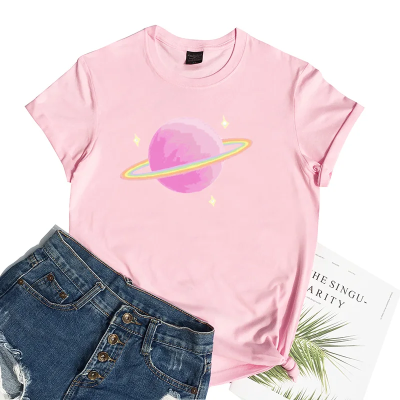ZOMARZZ Harajuku, розовая футболка с принтом в виде планеты, женские хлопковые футболки с коротким рукавом и круглым вырезом, Ulzzang футболки