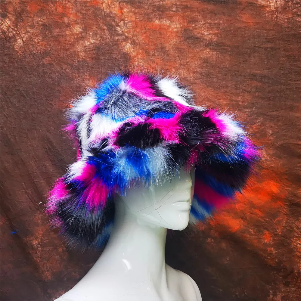 Warm Rainbow Faux Fox Fur Basin Cap 