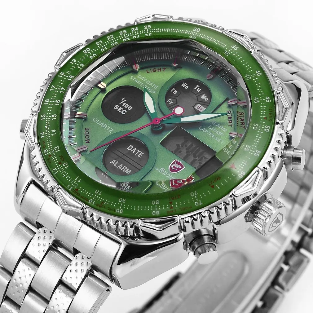 Green SH112 Акула бренд часы с двумя часовыми поясами цифровой аналоговый Нержавеющая сталь Секундомер Мужские кварцевые военные наручные часы Relogio/SH111 - Цвет: Green SH112