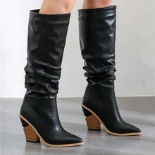 Модные зимние женские сапоги; сапоги до колена на Высоком толстом каблуке; сапоги с острым носком; цвет черный, белый; женская обувь высокого качества с высоким голенищем