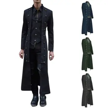 

Men Solid Color Jacket Long Trench Coat Medieval Steampunk Frock Gothic Cosplay