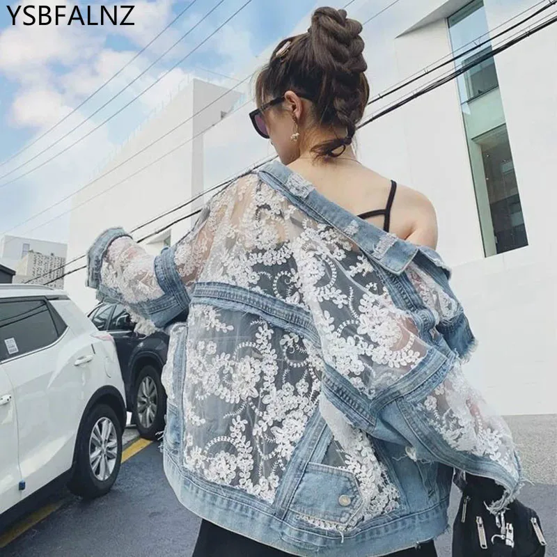 Women Jean Jacket Loose All-Match Lace Splice Short Denim Coat Thin Section Single-Breasted Flowers Blue Korean Jaqueta Feminina | Женская