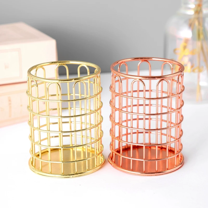 Rose Gold Wrought Iron Pen Holder Cosmetic Makeup Brush Organizer Office Home Desk Stationery Decor Office Accessories