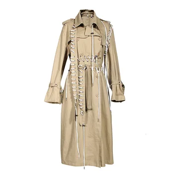 

[EWQ] 2020 Spring autumn new pattern stand collar long sleeve khaki patchwork double breasted vintage windbreaker AK16504L