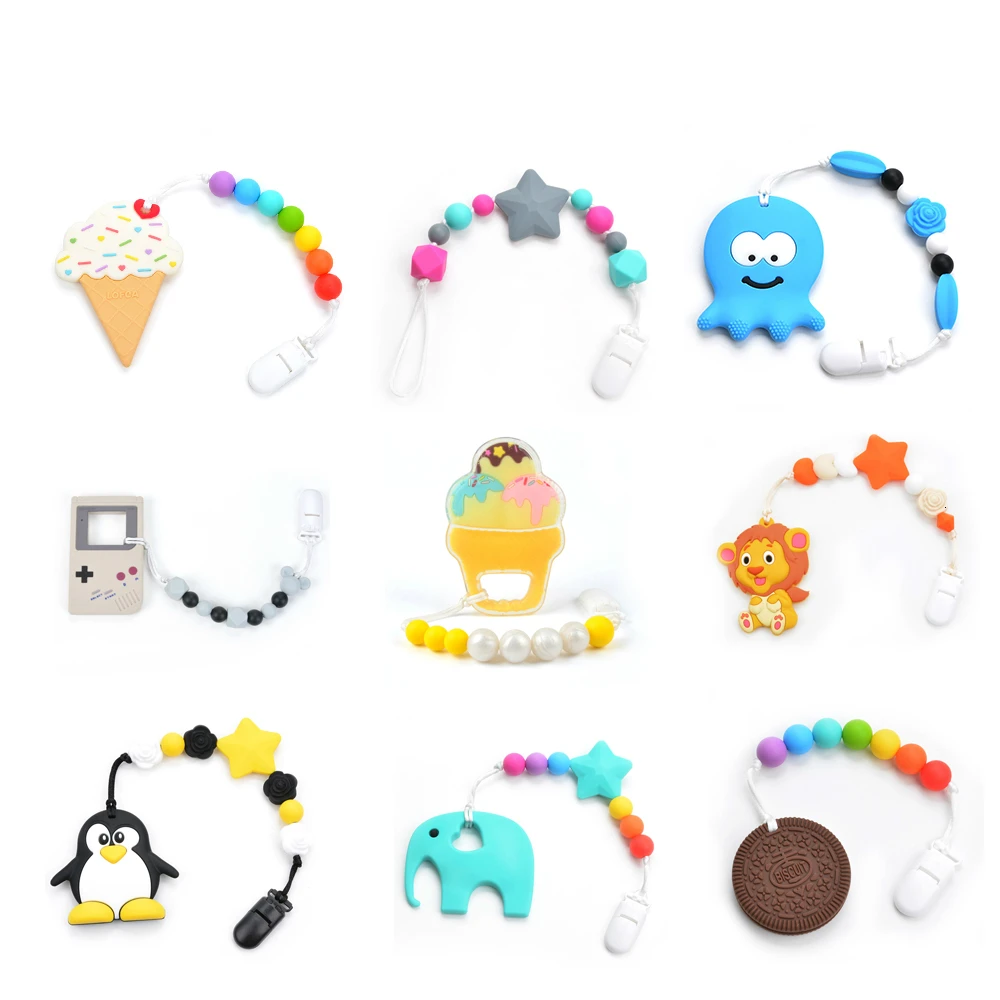 

Baby Teethers Animal Pacifier Clips Chain For Baby Gameboy Pendant Nipple Holder Baby Teething Toys BPA Free Biscuit Chew Beads