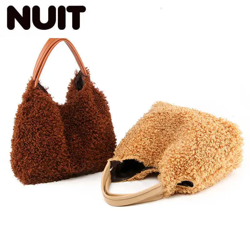 

New Winter Lovely Women Handbags Faux Teddy Fur Fashion Over Shoulder Bags Top-Handle Bag Big Capacity Bucket Tote Ladies Bags