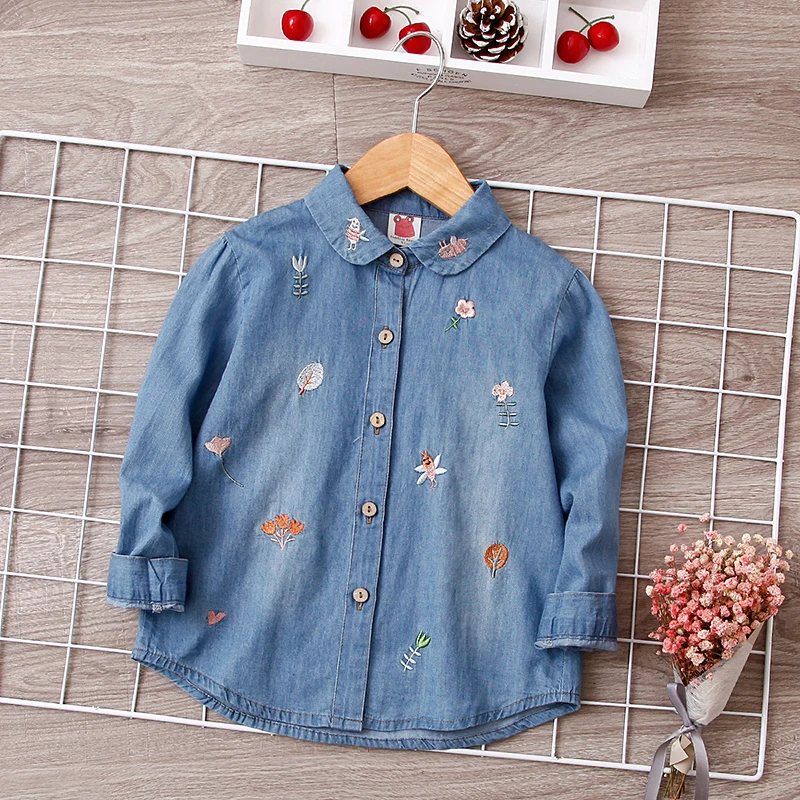 Джинсовые рубашки для девочек хлопковые блузки детей джинсовая рубашка топы с