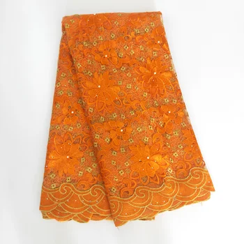 

Orange African Embroidered Mesh Lace Fabric For Wedding Dress 5Yards French Tull Lace Fabric With Beaded 2019 New Sewing Fabric