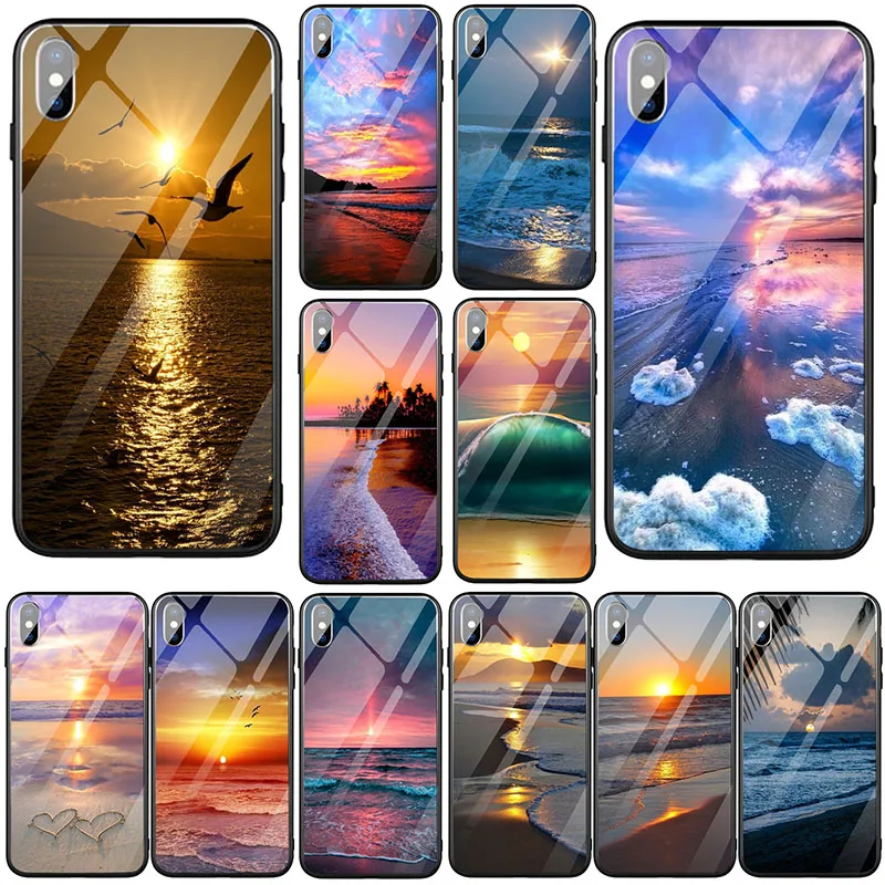 Wonderful Sunset Beach For iPhone 8 7 6 6S Plus X XR XS 11 Pro Max 10 Coque Cover Bags Tempered Glass Mobile Phone Cases Shell | Мобильные