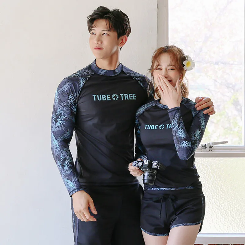 

Couples Bathing Suit Women's Sports Split Type Two-Piece Set Boxer Conservative Belly Covering Sports Long Sleeve Swimwear Men's