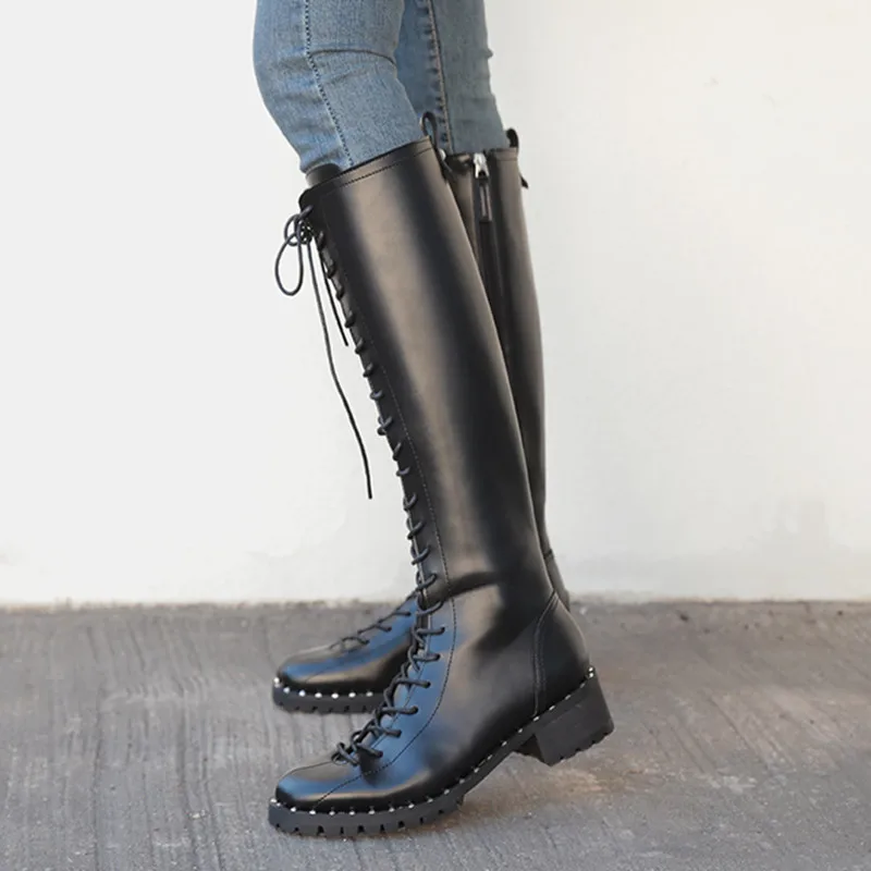 Chic Womens Knee High Boots Motorcycle Knight Boots Black Lace Up Shoes Square Heel Med Heels Shoes B07