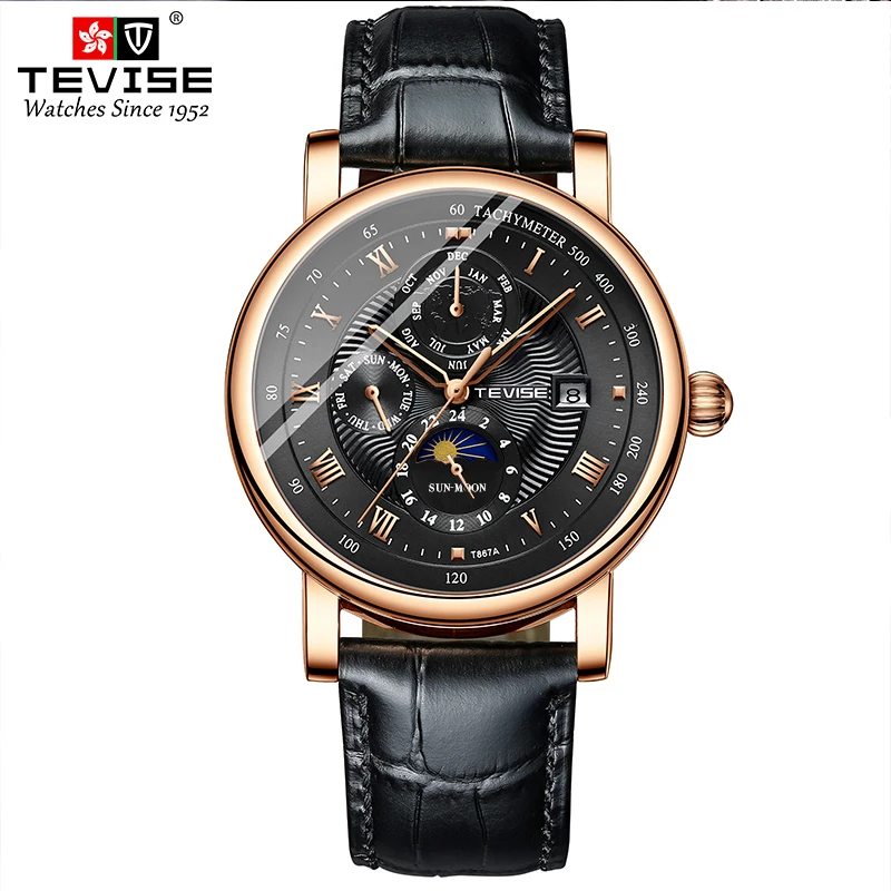 TEVISE T867A Automatic Mechanical Watch Man Date Week Month Display Waterproof Leather Strap Zirconium Drill Embellishment Male 