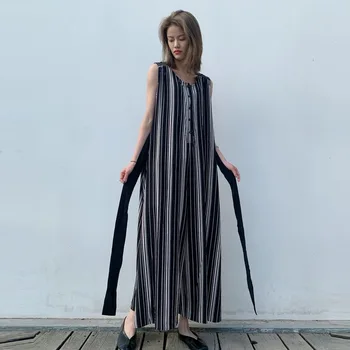 

LANMREM 2020 Spring Summer New Arrivals O-neck Sleeveless Striped Pattern Women Fashion Casual Loose Button Jumpsuit AW73001