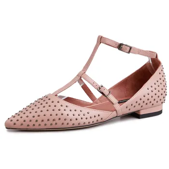 

Women's genuine leather t-strap flats leisure soft comfortable espadrilles pointed toe rivet female casual daily shoes for women
