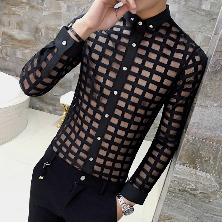 Прозрачная рубашка для мужчин Прозрачная облегающая рубашка Camisa клетчатая рубашка белая черная кружевная Сексуальная рубашка для выпускного вечера вечерние Клубные наряды