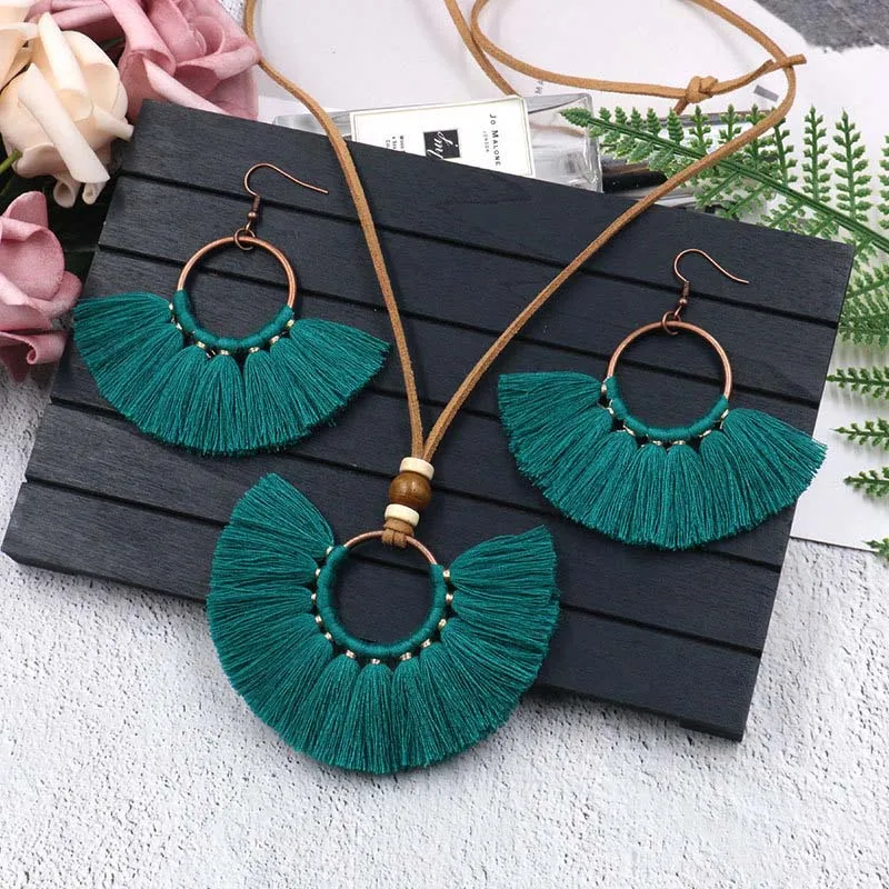 C7b0-green Vintage tassel jewelry set for women costume jewelery Bohemia drop earrings jewelry earrings Long Chain Sweater Pendant Necklace - Окраска металла: C7b0-green